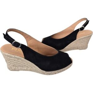 Paseart Black Leather Espadrille Wedge Sandals Womens‎ Size 39 Slingback